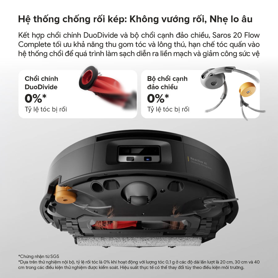 Hệ thống chống rối kép: Không vướng rối. Nhẹ lo âu - Roborock Saros 20 Flow Complete
